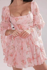 Rose Print Long Sleeve A-Line Floral Dress