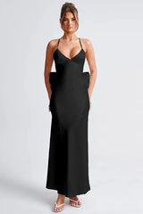 Satin Maxi Dress with Bow Detail Silk Dress