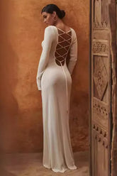 Knit Backless Tie Waist Long Sleeve Bodycon Dress