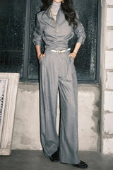 Tailored Twill Asymmetrical Cut Blouse Pants Two Piece Set