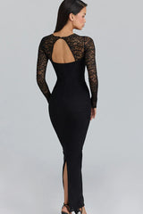 Lace Trim Sheer Mesh Side Slit Fit Floor Lace Dress
