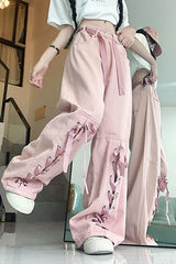 Pink Bow Tie Wide Leg Cargo Jeans