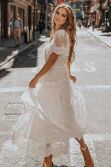 Short Sleeve V Neck Lace Boho Dress