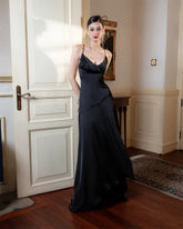 Black Satin V-neck Sleeveless Silk Dress