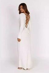 Knit Backless Tie Waist Long Sleeve Bodycon Dress