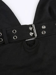 Buckle Strap Black Trendy Bodycon Crop Top