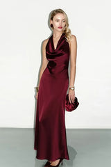 Red Satin Halter Cowl Neck Backless Bodycon Cocktail Dress