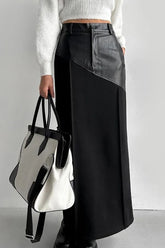 PU Leather Panel High Waist Slit Skirt