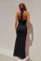 Sheer Lace Ruched Halter Wrap Dress