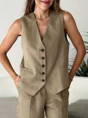 Button Vest Wide Shorts Suit