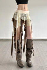 Sheer Lace Overlay Fringe Hem Skirt