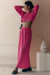 Pleated Flare Sleeve Crop Top Skirt Two Piece Set