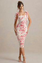 Sweet Floral Tie-Waist Bodycon Floral Dress
