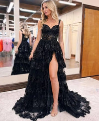 Tiered Sparkly Lace Prom Dress