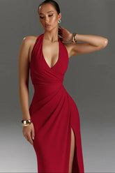 Halter Neck V-Slit Evening Wrap Dress