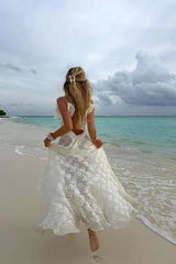Lace Split V Neck Backless Ruffled Boho Dress