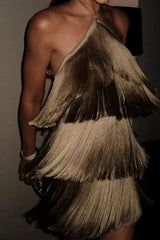 Silky Tassel Halter Mini Dress