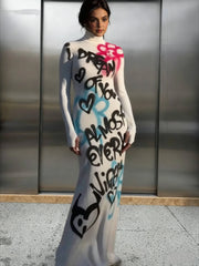 High Neck Graffiti Color Block Bodycon Maxi Dress