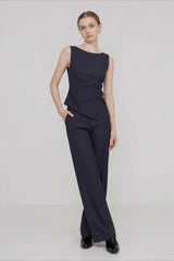 Stripe Asymmetric Sleeveless Top Straight Work Set