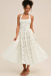 Halter Bandeau Backless Waist Cinched Solid Lace Dress