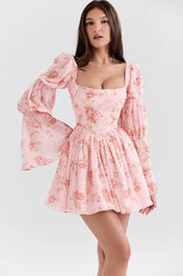 Rose Print Long Sleeve A-Line Floral Dress