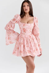 Rose Print Long Sleeve A-Line Floral Dress
