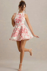 High Waist Backless A-Line Mini Floral Dress
