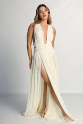 Halter Lace Up Pleated Reception Dress