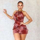 Floral Ruffle Halter Backless Mini Dress