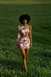 DressBetty - Women Fashion Floral Print Cutout Lantern Long Sleeve Dress