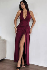 Deep V Backless Halter Ruched Formal Dress