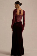 Lace Panel High Slit Long Sleeve Maxi Lace Dress