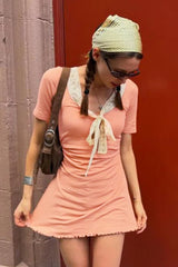 Lace Trim Contrast Ruched Drawstring Slim Lace Dress