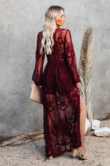 Lace Long Sleeve V Neck Solid Chiffon Boho Dress