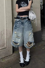 Relaxed Fit Raw Hem Denim Shorts