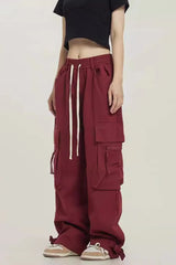 Street Style Loose Wide Leg Red Cargo Pants