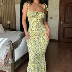 Tie-up Split Spaghetti Floral Dress