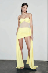 Bustier Backless Ruched Mesh Bodycon Dress