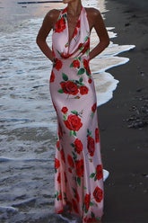 Printed Halter Backless Maxi Silk Dress