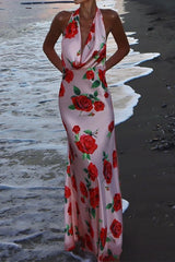 Printed Halter Backless Maxi Silk Dress