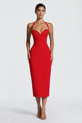 Solid Halter Neck Tie Back Midi Party Dress