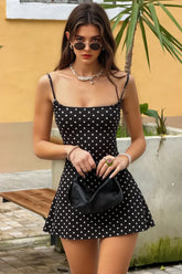 Polka Dot Cutout Back Lace Up A Line Slip Dress