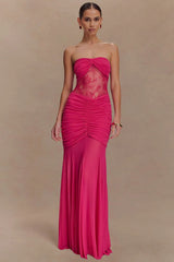 Lace Strapless Ruching Hollow Slim Long Lace Dress