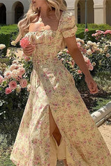 Printed Open Back Slim Split Floral Dress