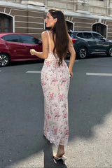 Floral V Neck Lace Panel Slim Maxi Slip Dress