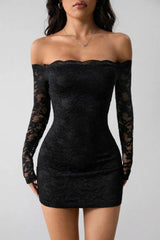 Off Shoulder Long Sleeve Slim Lace Dress