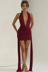 Deep V Halter Sash Teardrop Bodycon Party Dress