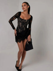 Corset Draped Square Collar Ruched Lace Dress