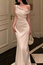 Satin Asymmetrical Cowl Neck Mermaid Gown Silk Dress