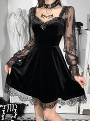 Moon Black Grunge Dark V Neck Aesthetic Vintage Mini Long Sleeve Autumn Dress